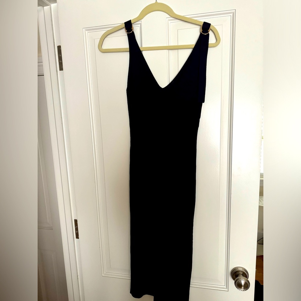 Navy knit dress with buckle detail on straps